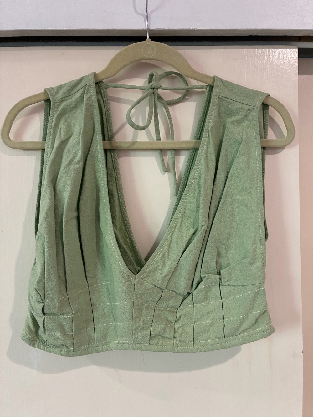 Free People Sage Green V-Neck Tie-Back Crop Top